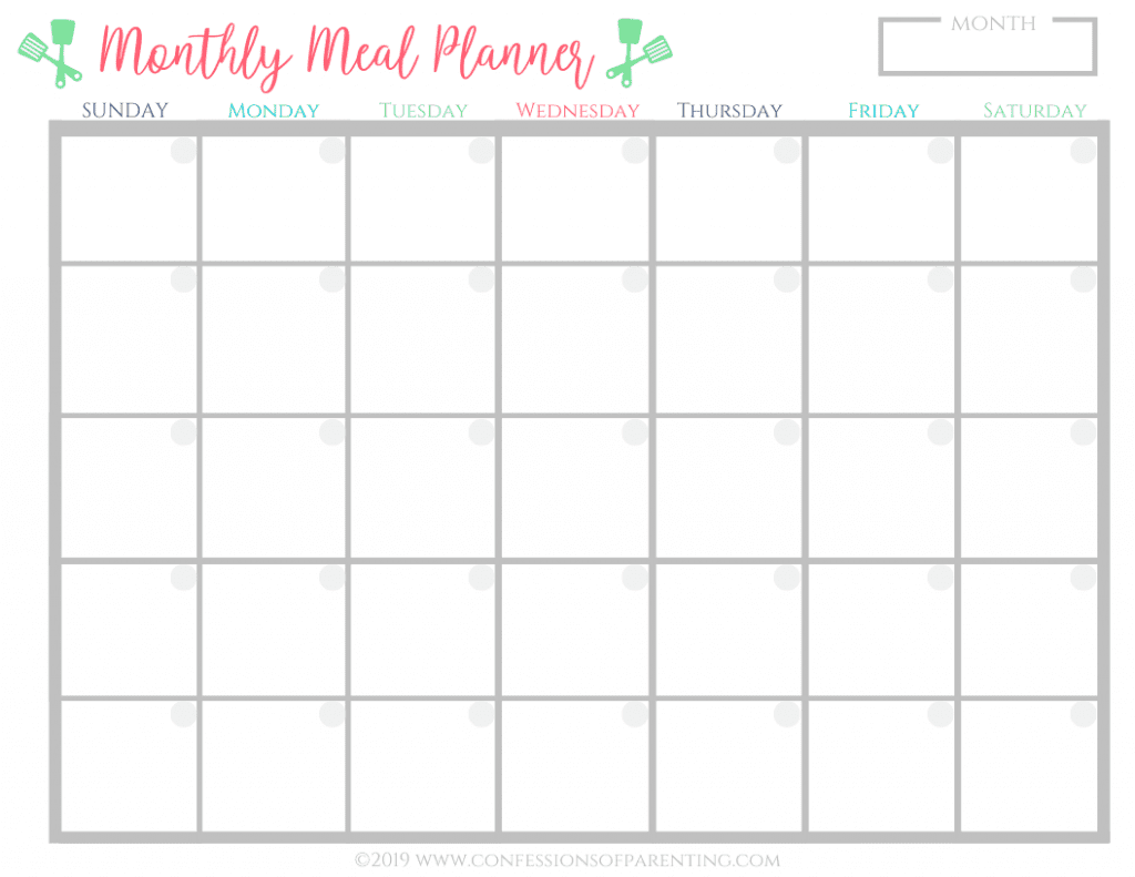 Monthly Meal Planner printable with blank calendar boxes.