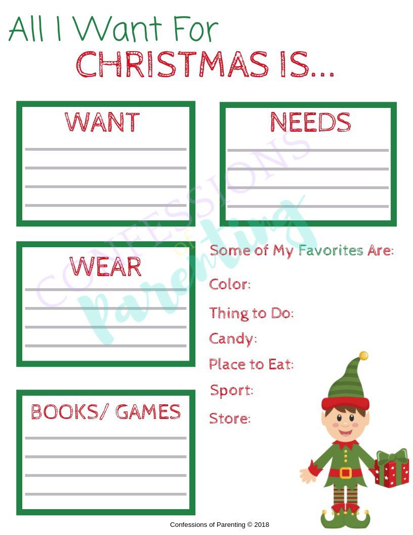 Christmas Wish List for Kids Printable with green and red writing. 