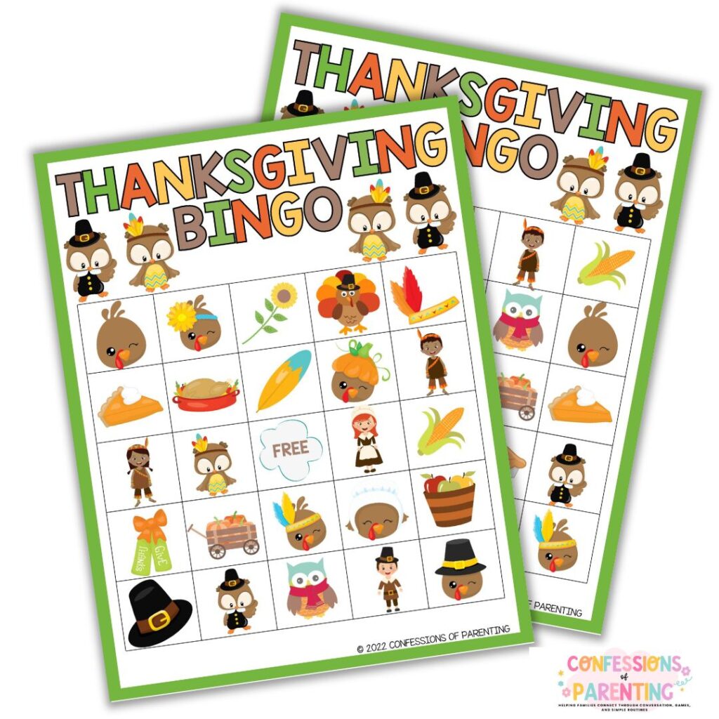 Close-up of Thanksgiving bingo cards featuring turkeys, pumpkins, corn, owls, and fall-themed illustrations for festive gameplay.