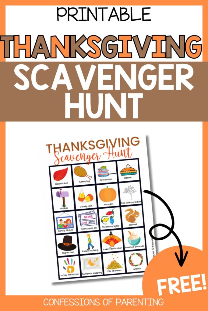 Free printable Thanksgiving Scavenger Hunt from Confessions of Parenting featuring a fall-themed bingo-style sheet with colorful Thanksgiving illustrations.