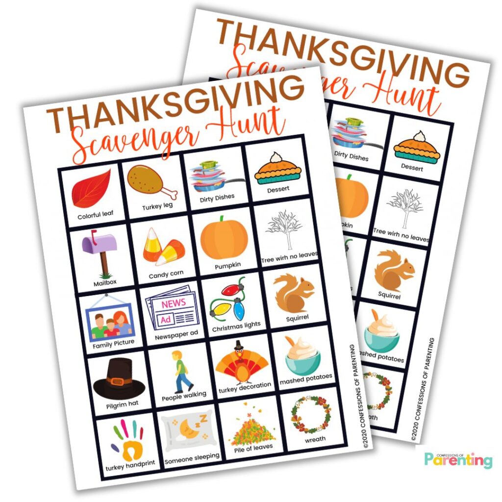 Two printable Thanksgiving Scavenger Hunt sheets with fall-themed icons such as turkey, candy corn, and mashed potatoes.