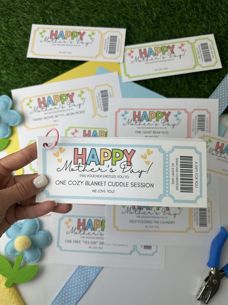 happy Mother's Day coupon book with Mother's Day coupons in the background