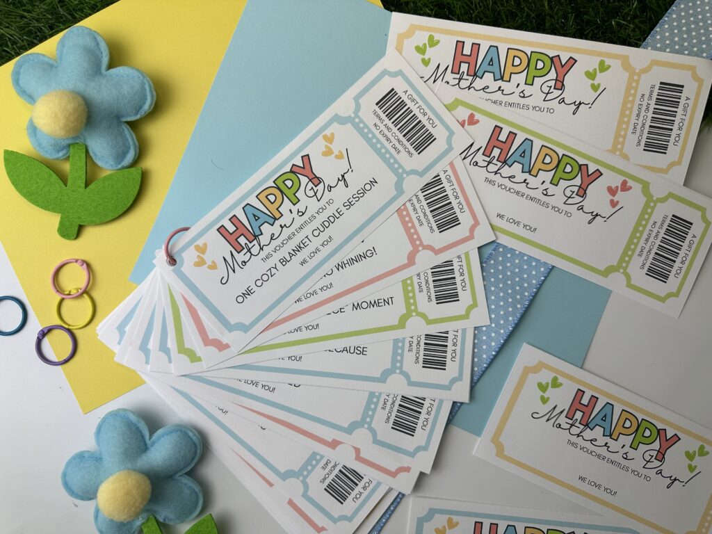 Mother's Day Coupon book assembled with yellow and blue background. 