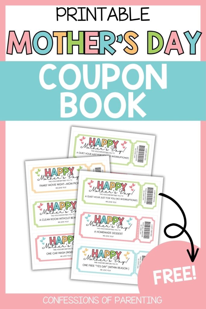 Printable Mother’s Day coupon book with colorful vouchers offering gifts like quiet time, movie night, clean room, dessert, car wash, and a “yes day.”