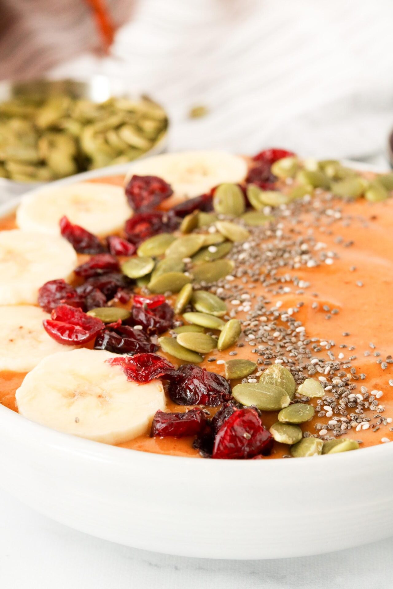 Pumpkin Pie Smoothie Bowl closeup of pumpkin spice almond milk smoothie bowl with nuts, craisins, and bananas on top