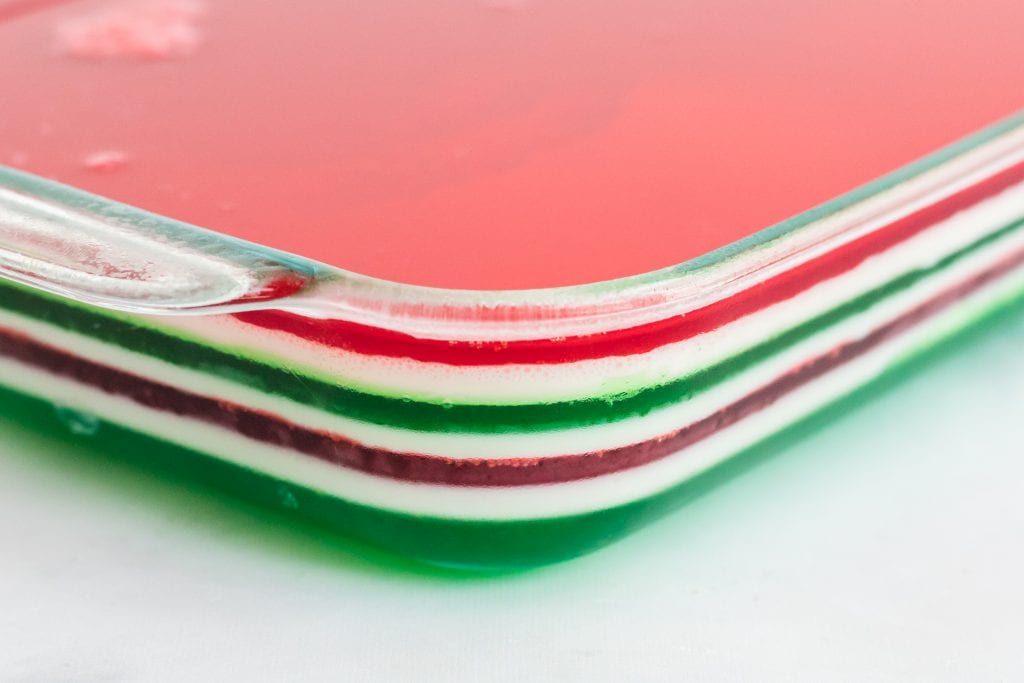 side shot of red and green layers in finger jello
