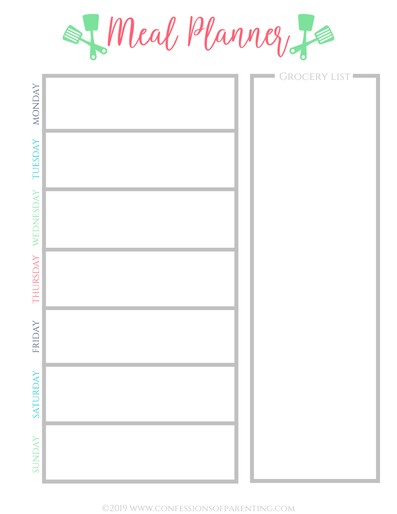 Weekly meal planner printable with a column for each day of the week and a column for a grocery list.