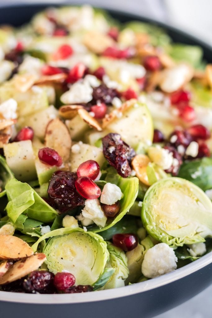 This shaved brussel sprout salad with cranberries, apples, and pomegranates is delightfully refreshing and tastes delicious! Wow your guests with this simple brussel sprout salad recipe with homemade honey mustard dressing.