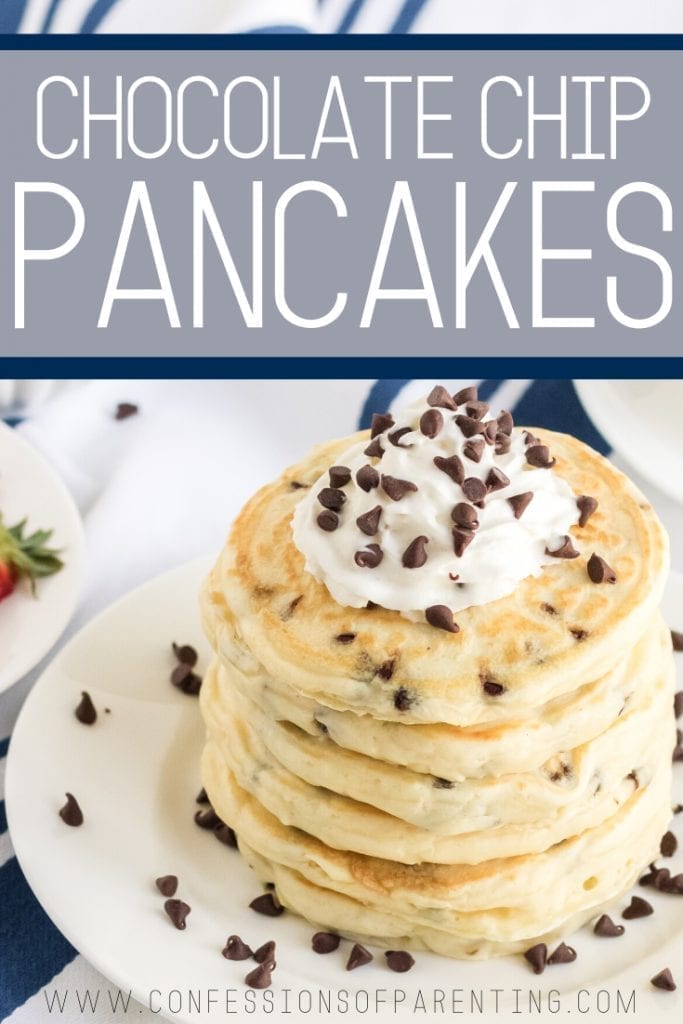 These chocolate chip pancakes are light and fluffy and loaded with chocolate chips to satisfy your chocolate craving first thing in the morning!