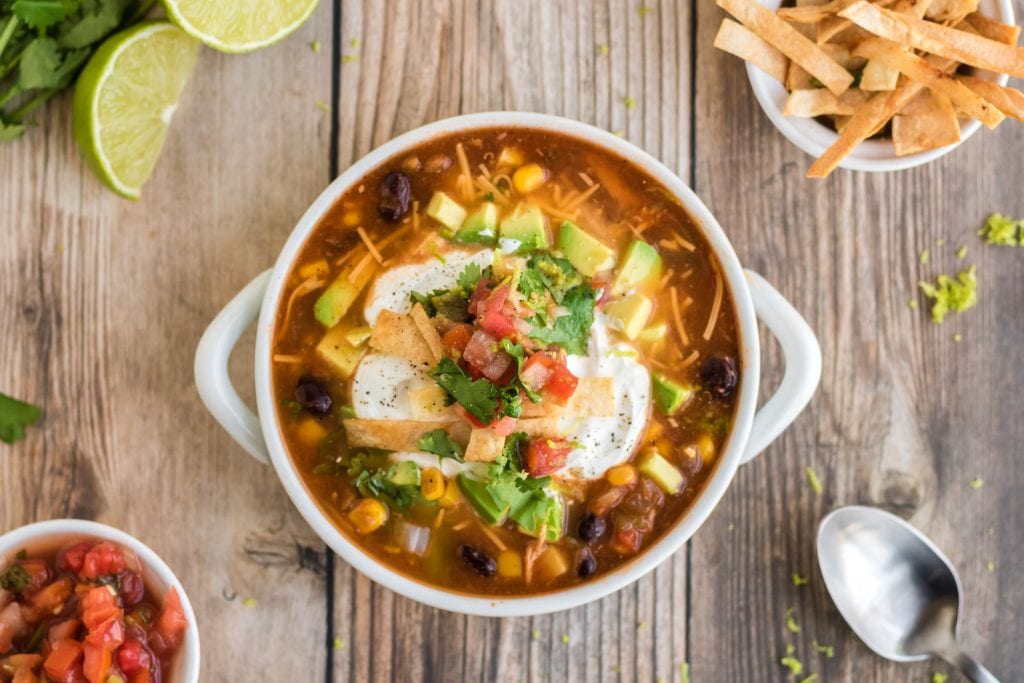 Healthy Chicken Tortilla Soup Wanting that hearty healthy tortilla soup without all the prep? Try our healthy chicken tortilla soup crock pot recipe that is simple and delicious!