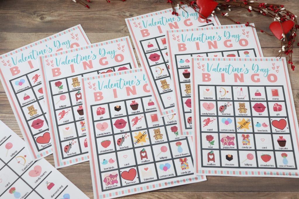 Valentine's Day Bingo sheets with heart decorations