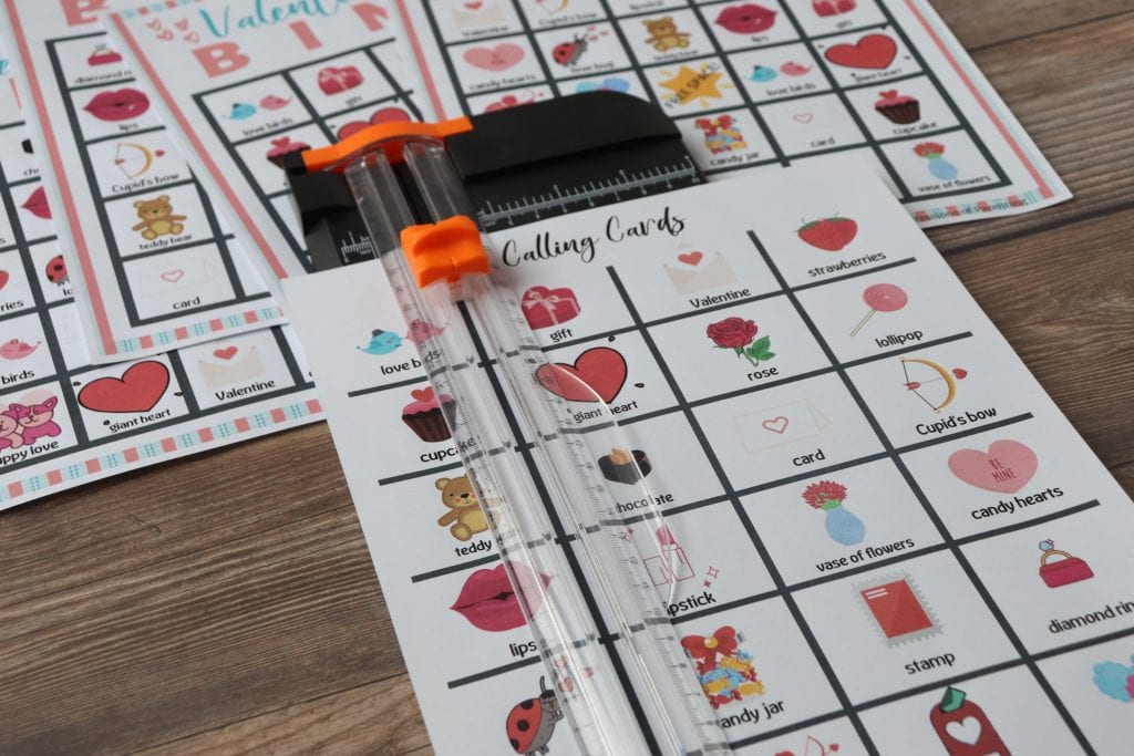 Valentine's Day Bingo sheets with a paper cutter