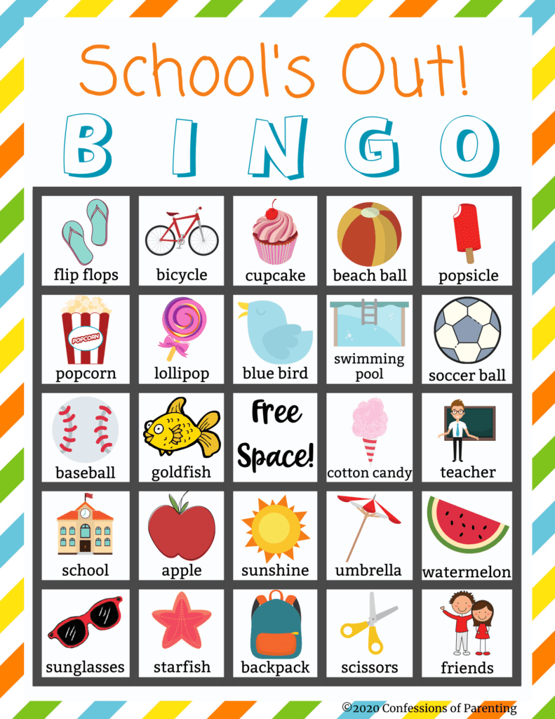 Sample of a school's out Bingo sheet