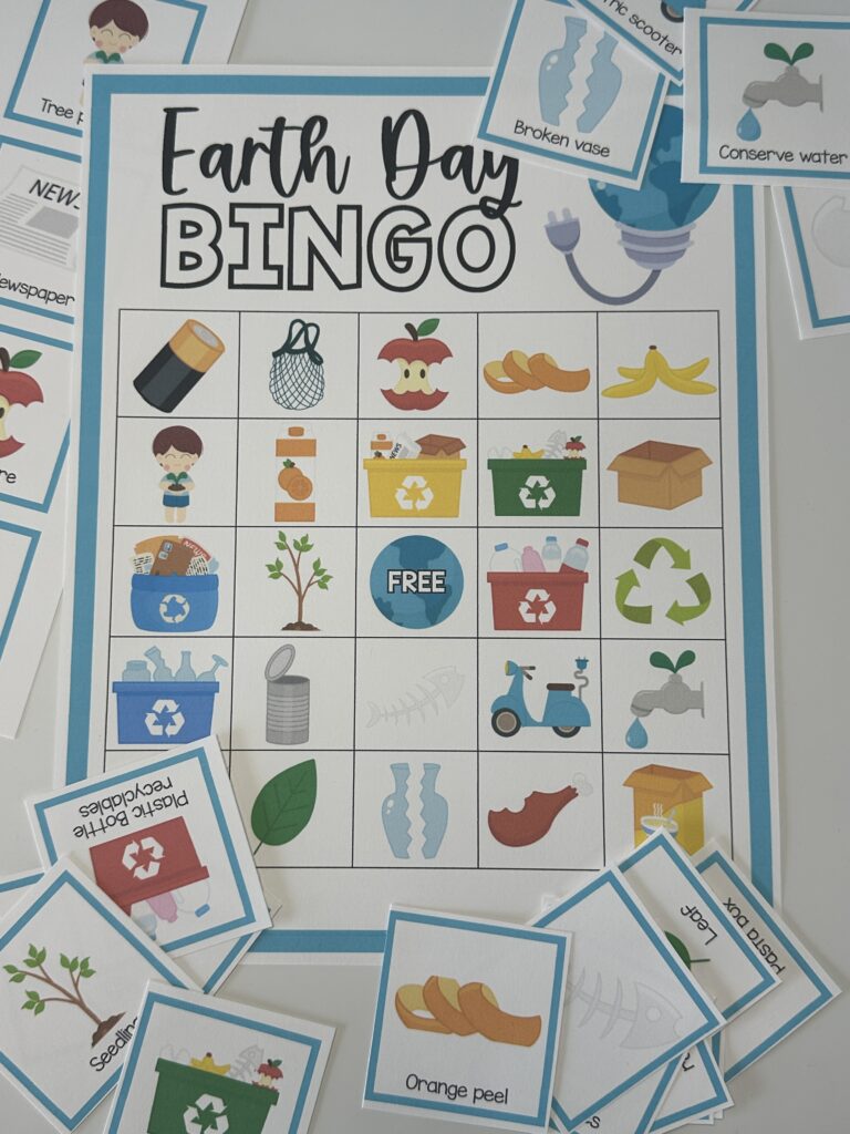 close up of Earth Day Bingo with calling cards cut out