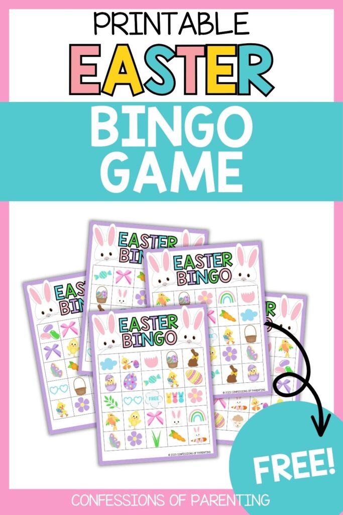 Promotional graphic for a printable Easter bingo game showing multiple sample cards, pastel colors, and a ‘Free’ label.