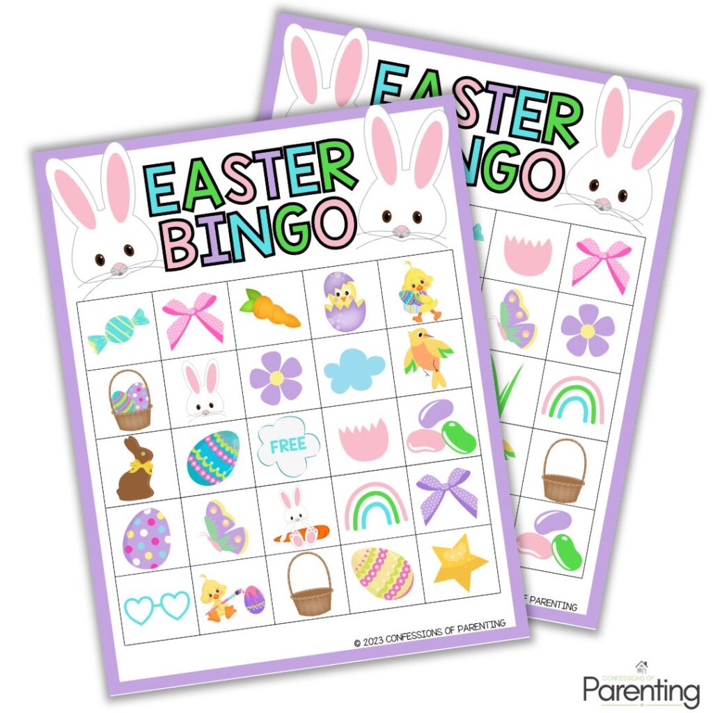Two printable Easter bingo cards with a bunny header and colorful grid icons like eggs, chicks, flowers, candy, and baskets.