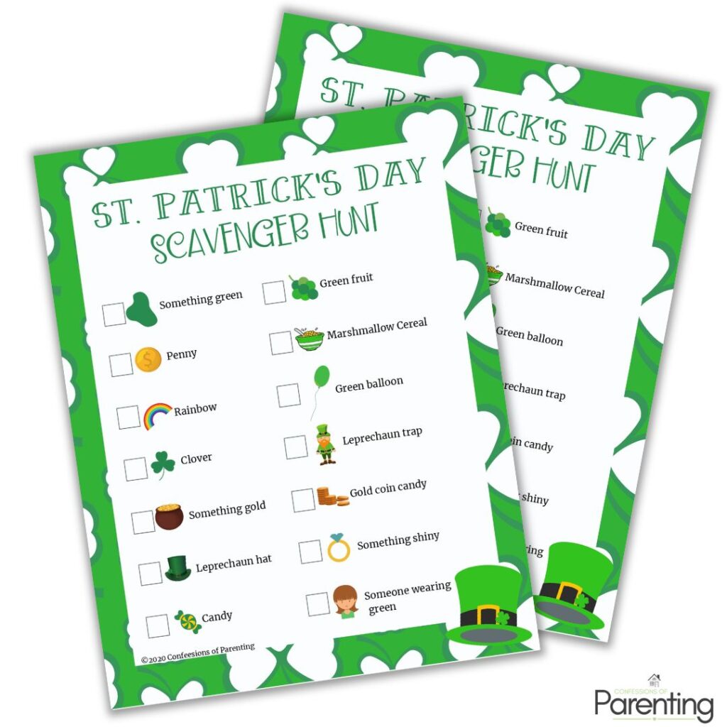 St. Patrick’s Day scavenger hunt printable with green-themed items like shamrocks, gold coins, rainbows, and leprechaun hats for kids