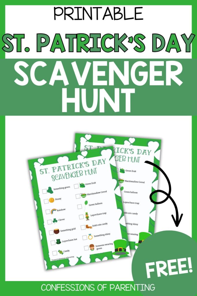 Free St. Patrick’s Day scavenger hunt printable for kids featuring festive green icons and simple checklist-style clues