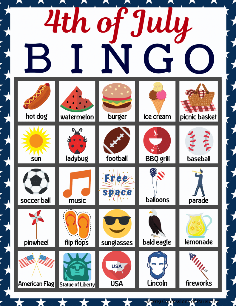 Sample of a 4th of July Bingo sheet