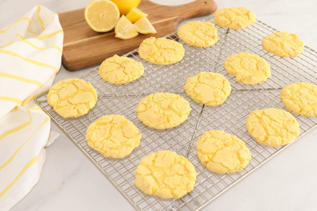 lemon cake mix cookies on cooling rack