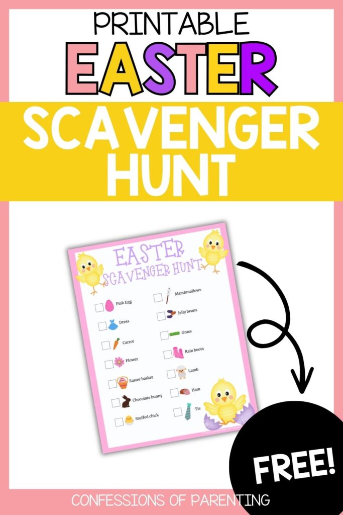 Colorful printable Easter scavenger hunt graphic with bold text and preview page, highlighting a free Easter activity