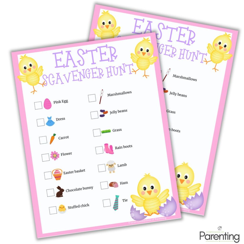 Two printable Easter scavenger hunt pages layered together with yellow chick graphics, showing a fun checklist activity for kids with spring and Easter items.