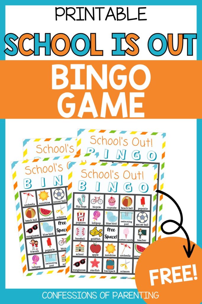 Pinterest Pin: blue border with School is Out Bingo PDF mockup with School is Out Bingo printable
