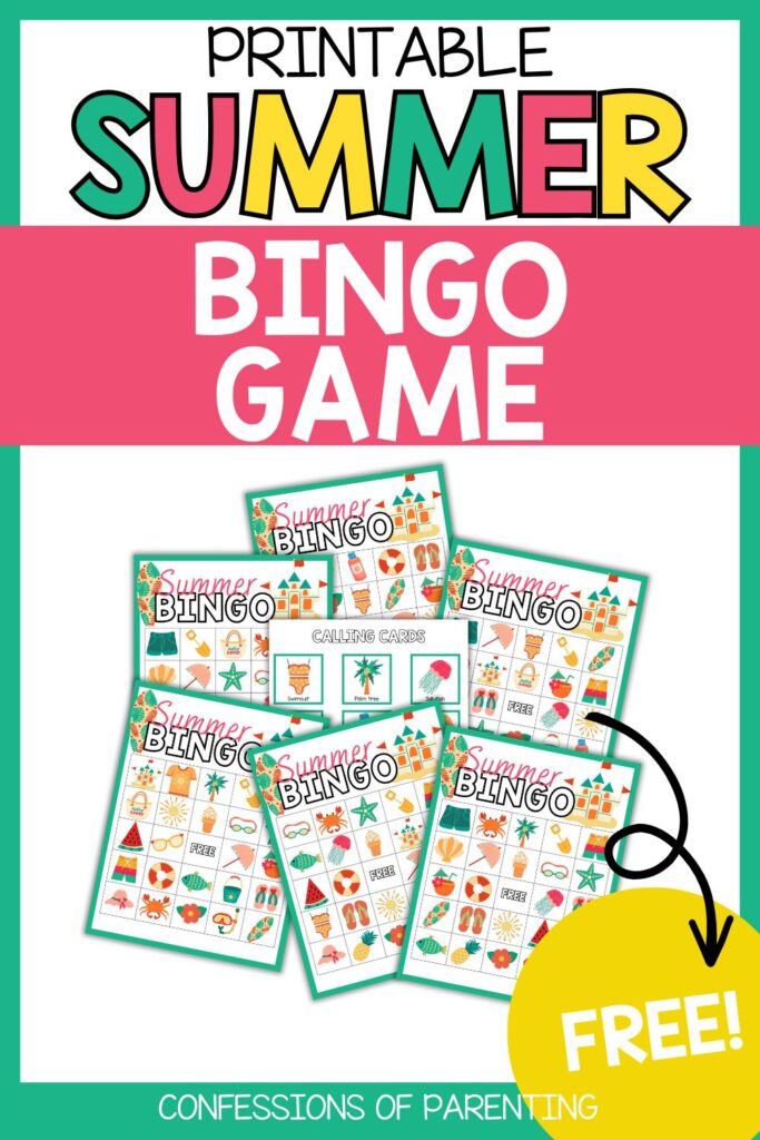 Pinterest Pin: teal border with summer bingo game PDF mockup with summer bingo game printable

