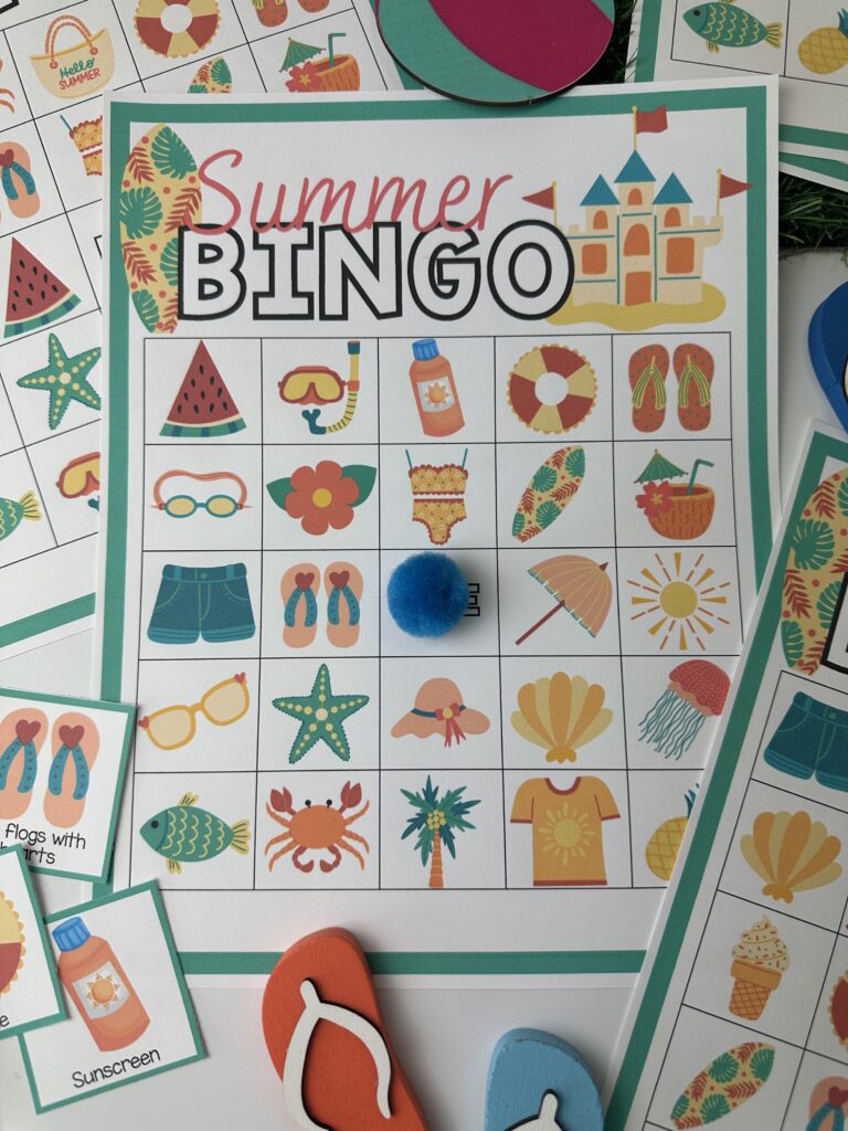 summer bingo on white background with blue pom pom on free space. 