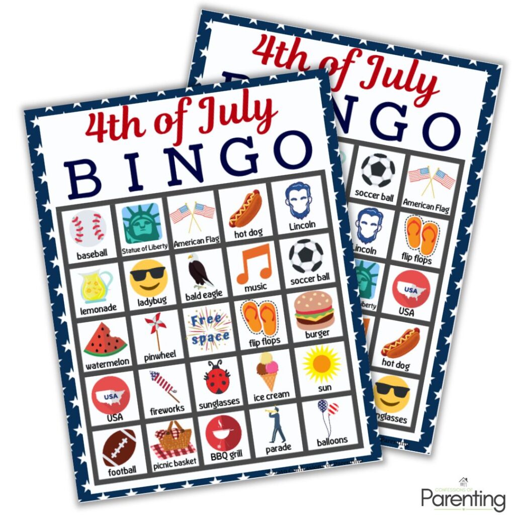 4th of July Bingo printable cards with patriotic images like hot dogs, fireworks, flags, and BBQ for a fun holiday game.