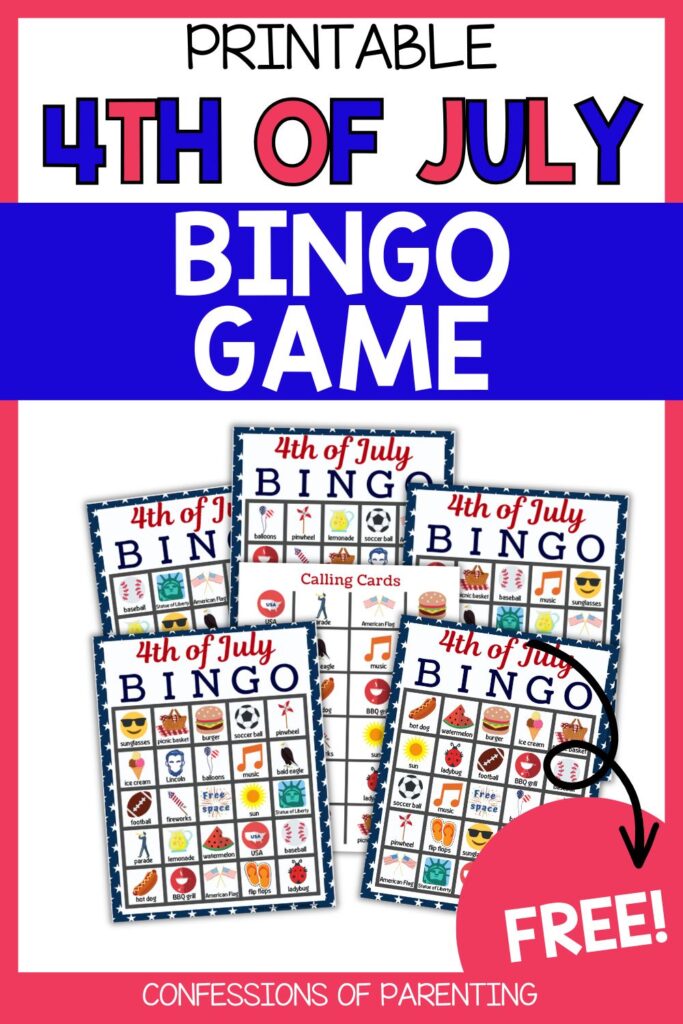 Printable 4th of July Bingo Game set with multiple bingo boards and calling cards, perfect for patriotic family fun.