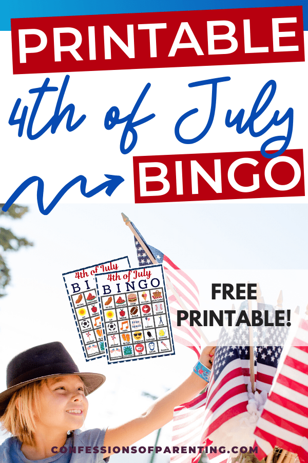 2 4th of July Bingo sheets with a little girl in a black hat and American flags