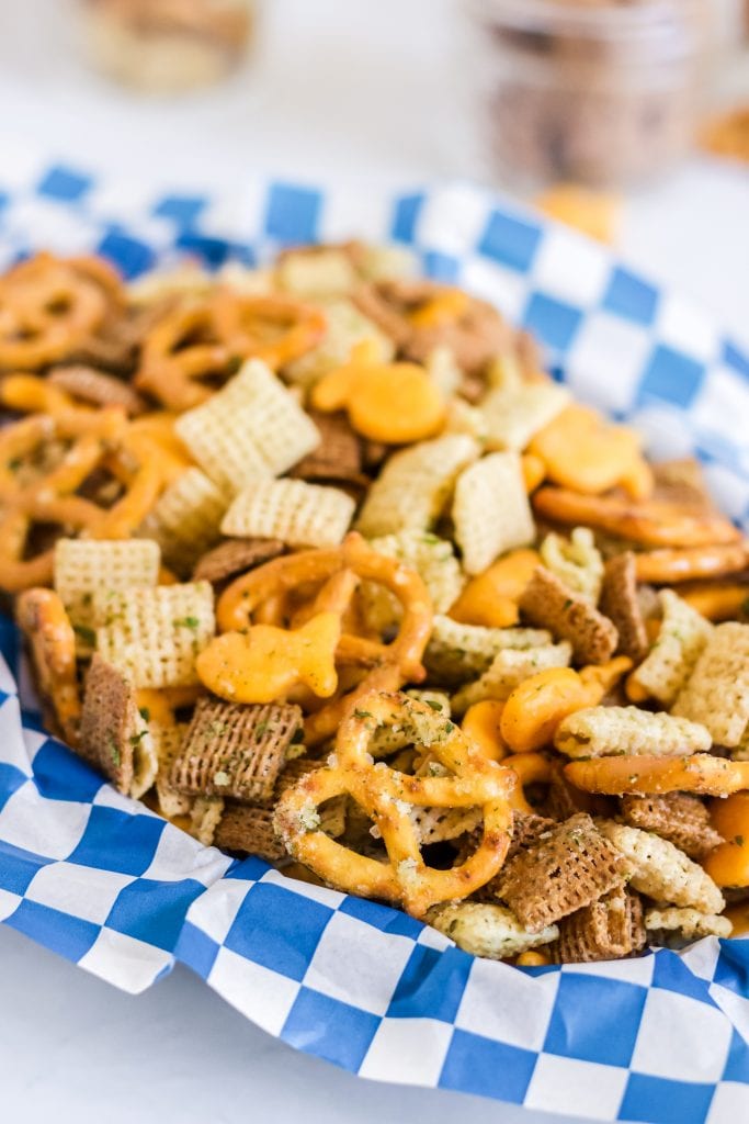 air fryer check mix with gold fish pretzels and Chex