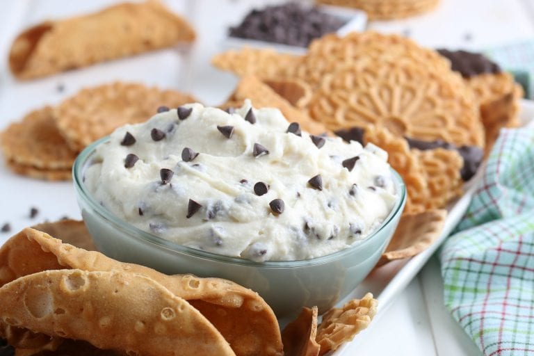 bowl of cannoli dip with chocolate chips on top