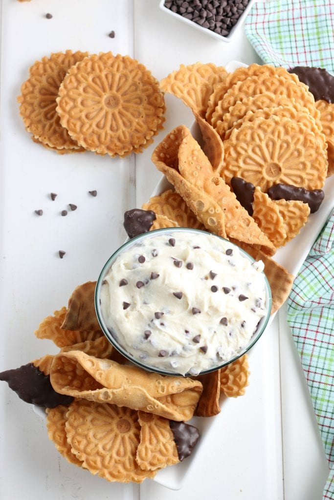 cannoli dip with cookies on tray