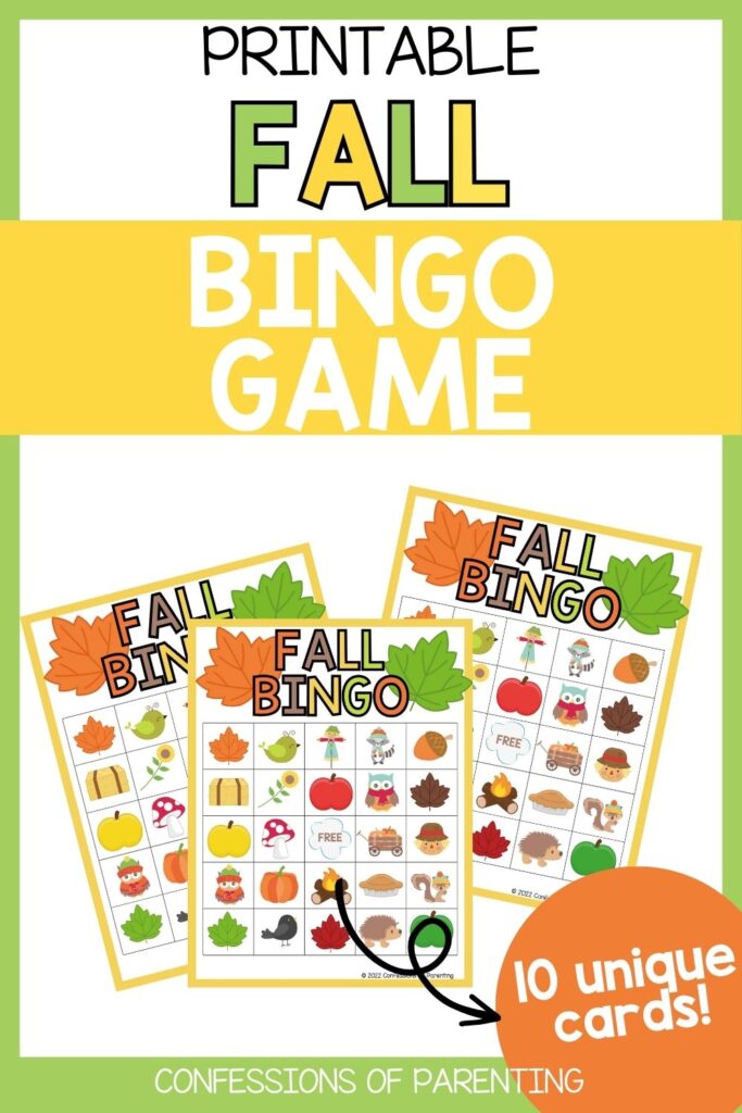 Pinterest Pin: green border with Fall Bingo printable game PDF mockup with Fall Bingo printable game printable
