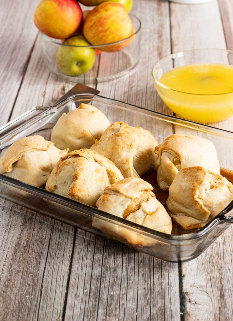 apple dumplings right out of the oven in glass dish