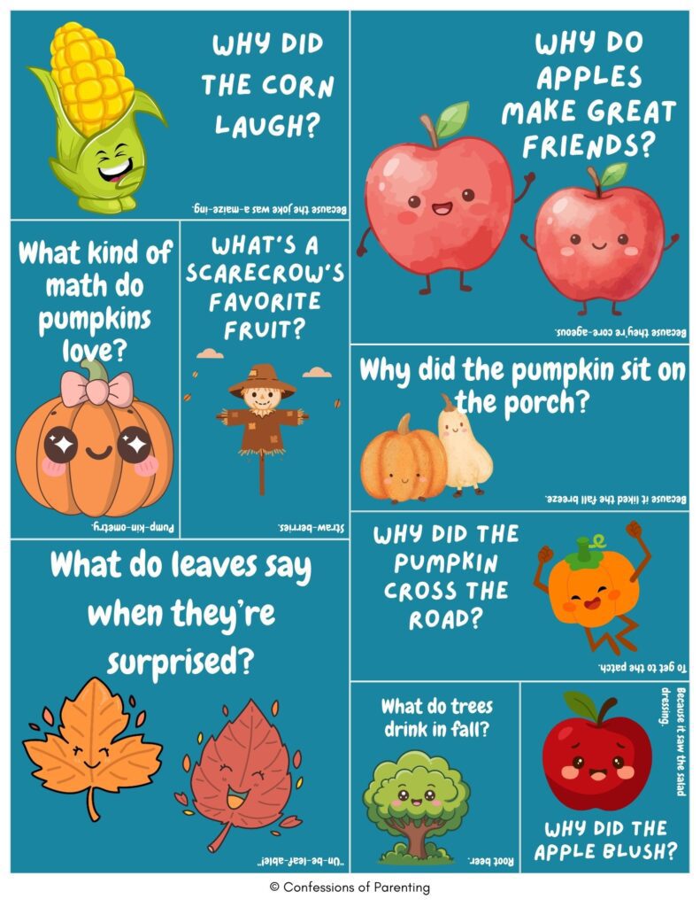 Fall lunch box jokes collage with cartoon corn, apples, pumpkins, scarecrow, and autumn leaves paired with kid-friendly fall and harvest puns.