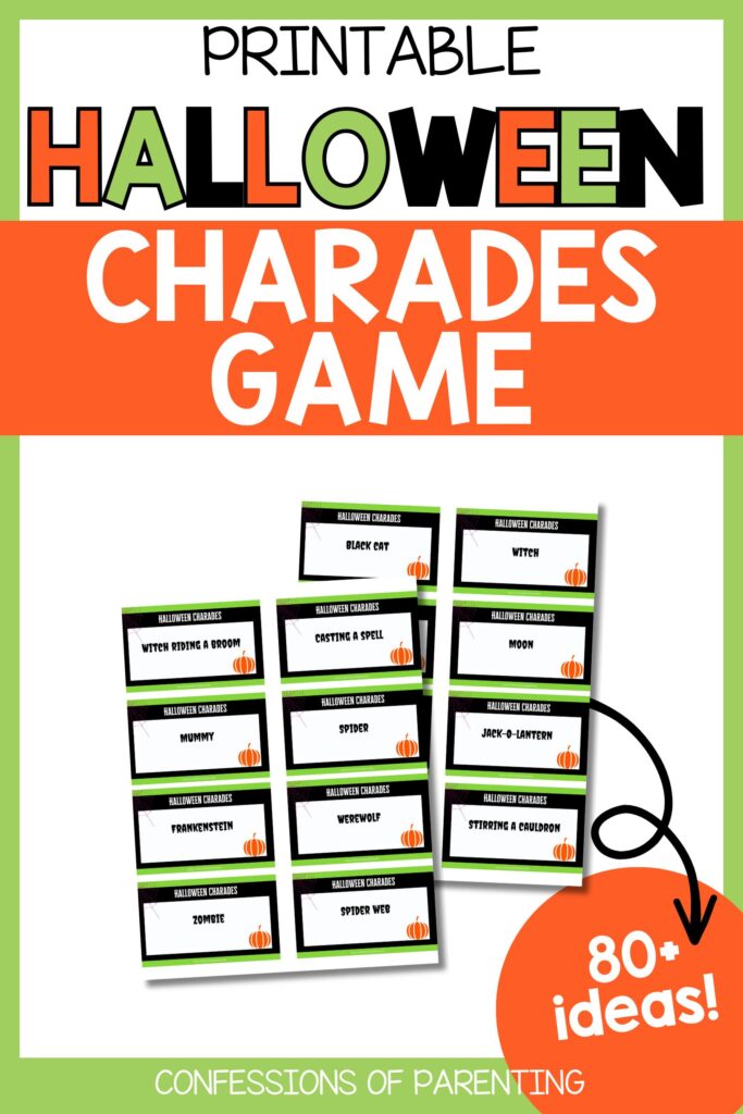 Printable Halloween Charades game cover showing multiple themed cards and 80+ ideas.