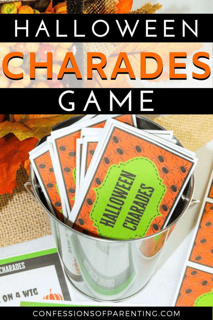 image of halloween charades printable printed and cut in a cup with halloween charades game title