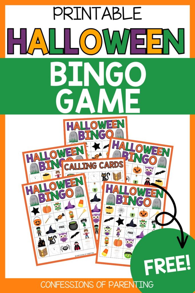 Printable Halloween Bingo game set with colorful Halloween-themed bingo cards and calling cards labeled as free