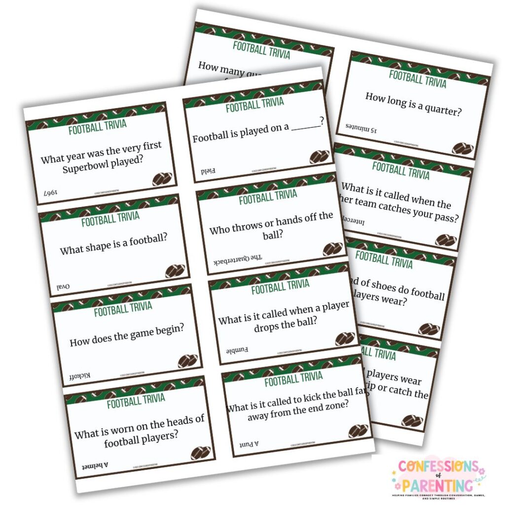 Printable football trivia cards scattered on a gray background with questions about Super Bowl history, rules, and equipment.