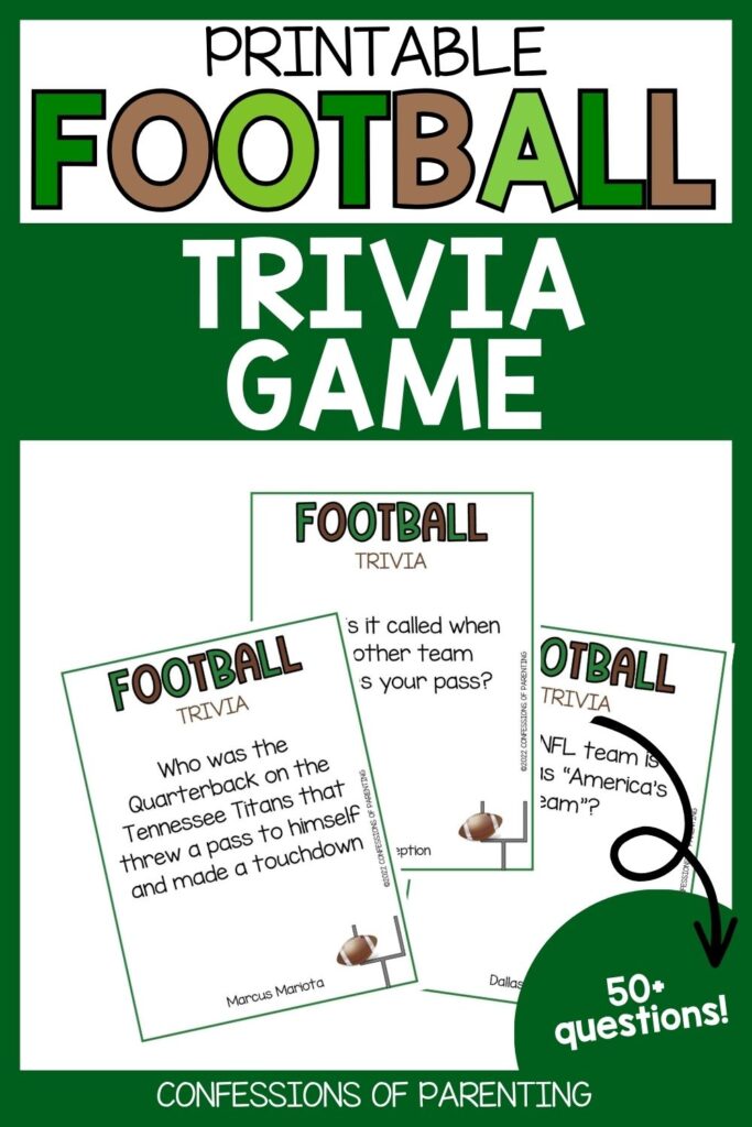Green poster advertising a printable football trivia game with sample cards and text noting 50+ questions.