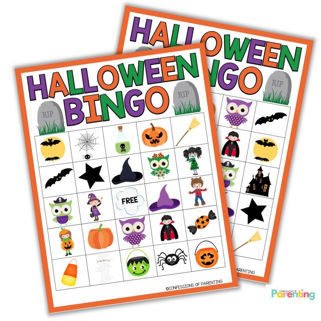Two printable Halloween Bingo cards featuring kid-friendly icons like pumpkins, witches, candy corn, bats, and spiders from Confessions of Parenting.