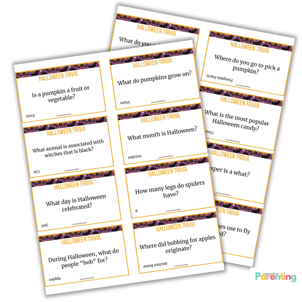 Two printable Halloween Trivia sheets with multiple question cards about pumpkins, spiders, candy, and Halloween traditions.
