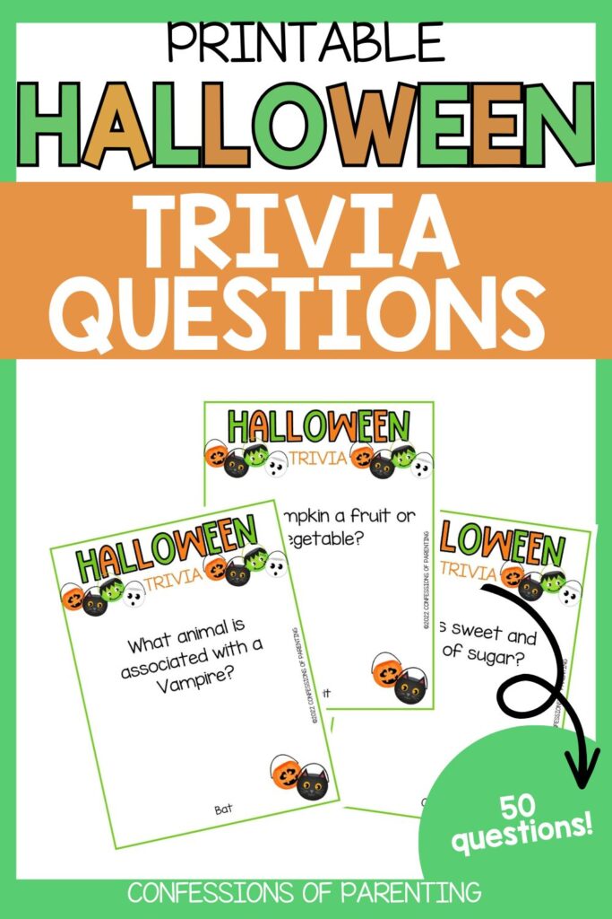 Printable Halloween Trivia game cover with 50 questions. Includes sample cards like “What animal is associated with a vampire?”