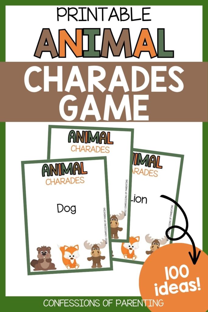 Printable animal charades game with illustrated cards, 100 animal prompts, and kid-friendly woodland animal graphics.