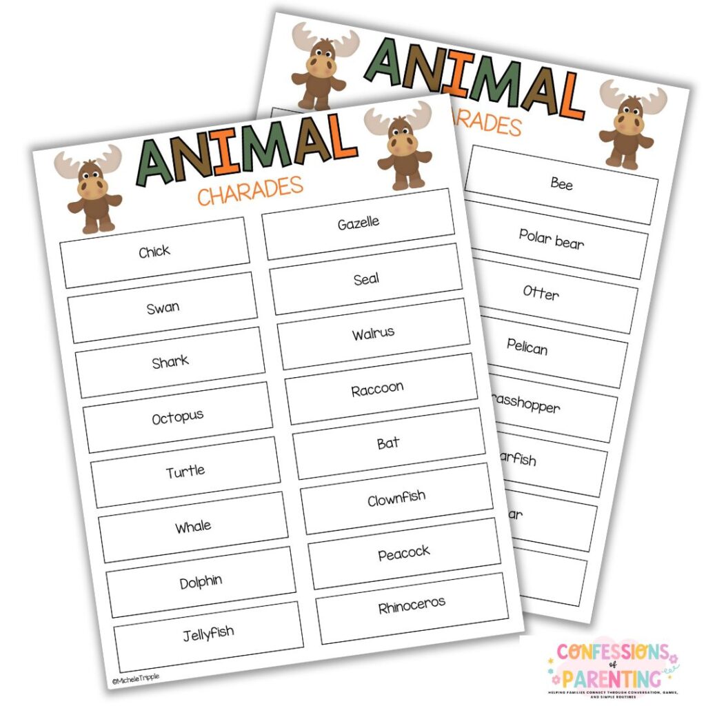 Printable animal charades sheets featuring animal names for a family-friendly guessing game, decorated with cartoon moose illustrations.