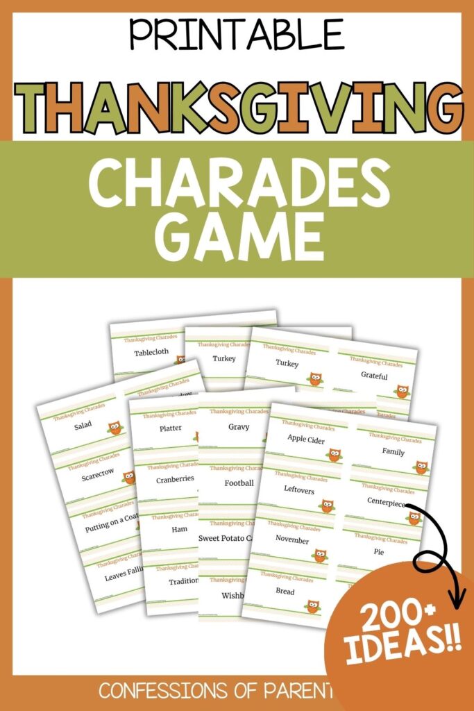 Thanksgiving charades printable featuring 200+ holiday-themed prompts on cards with words like turkey, pie, football, and family.