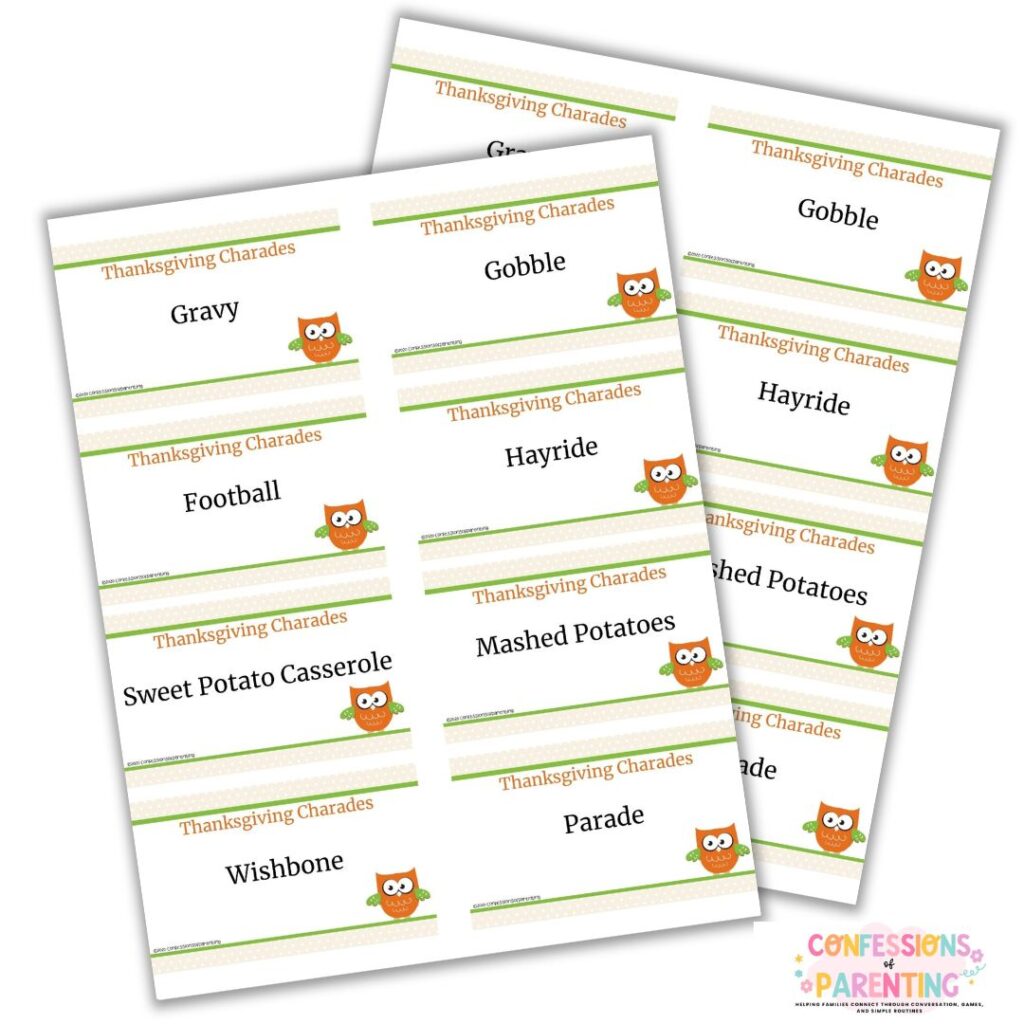 Printable Thanksgiving charades game with themed word cards including gravy, football, mashed potatoes, hayride, parade, and wishbone.